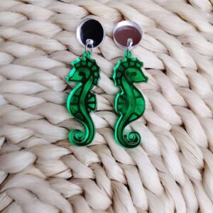 Pendientes caballito espejo verde y enganche espejo plateado