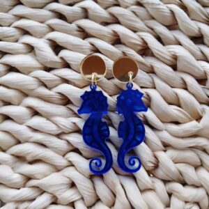Pendientes caballito espejo azul y enganche espejo dorado