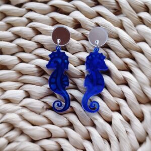 Pendientes caballito espejo azul con enganche espejo plateado