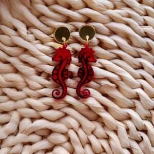 Pendientes caballito espejo rojo con enganche espejo dorado